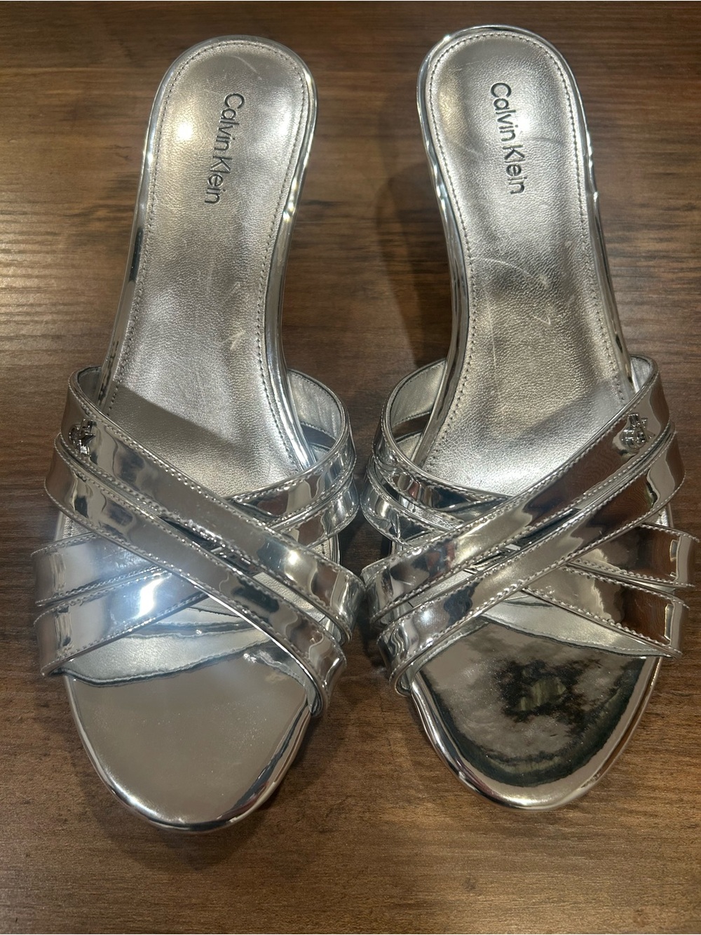 Calvin Klein Metallic Silver Multi-Strap Slide Mules